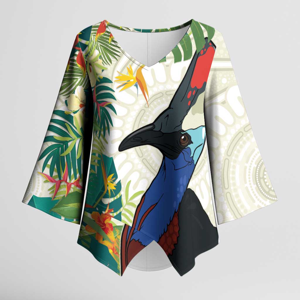 Cassowary Australia Kimono Sleeve Blouse Tropical Flowers Mix Aboriginal Art - Aussie Hoodie