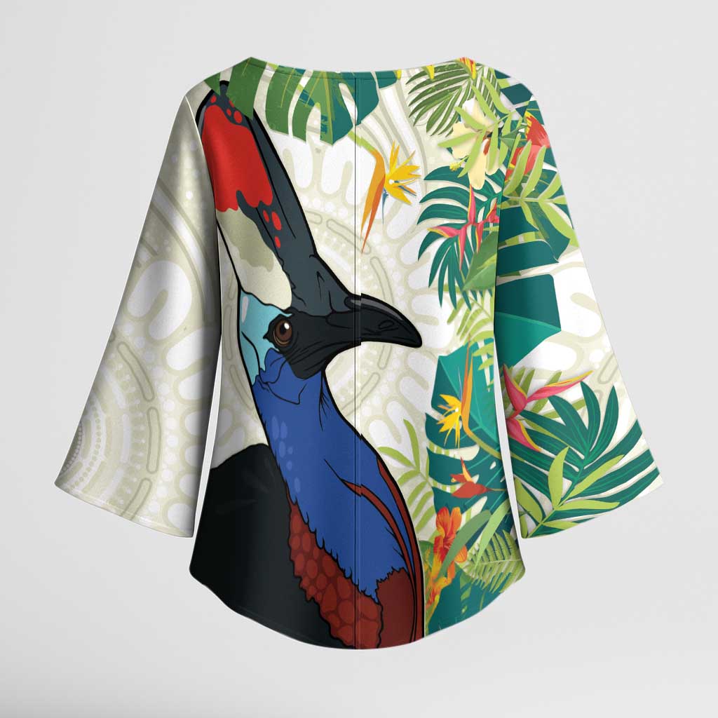 Cassowary Australia Kimono Sleeve Blouse Tropical Flowers Mix Aboriginal Art - Aussie Hoodie