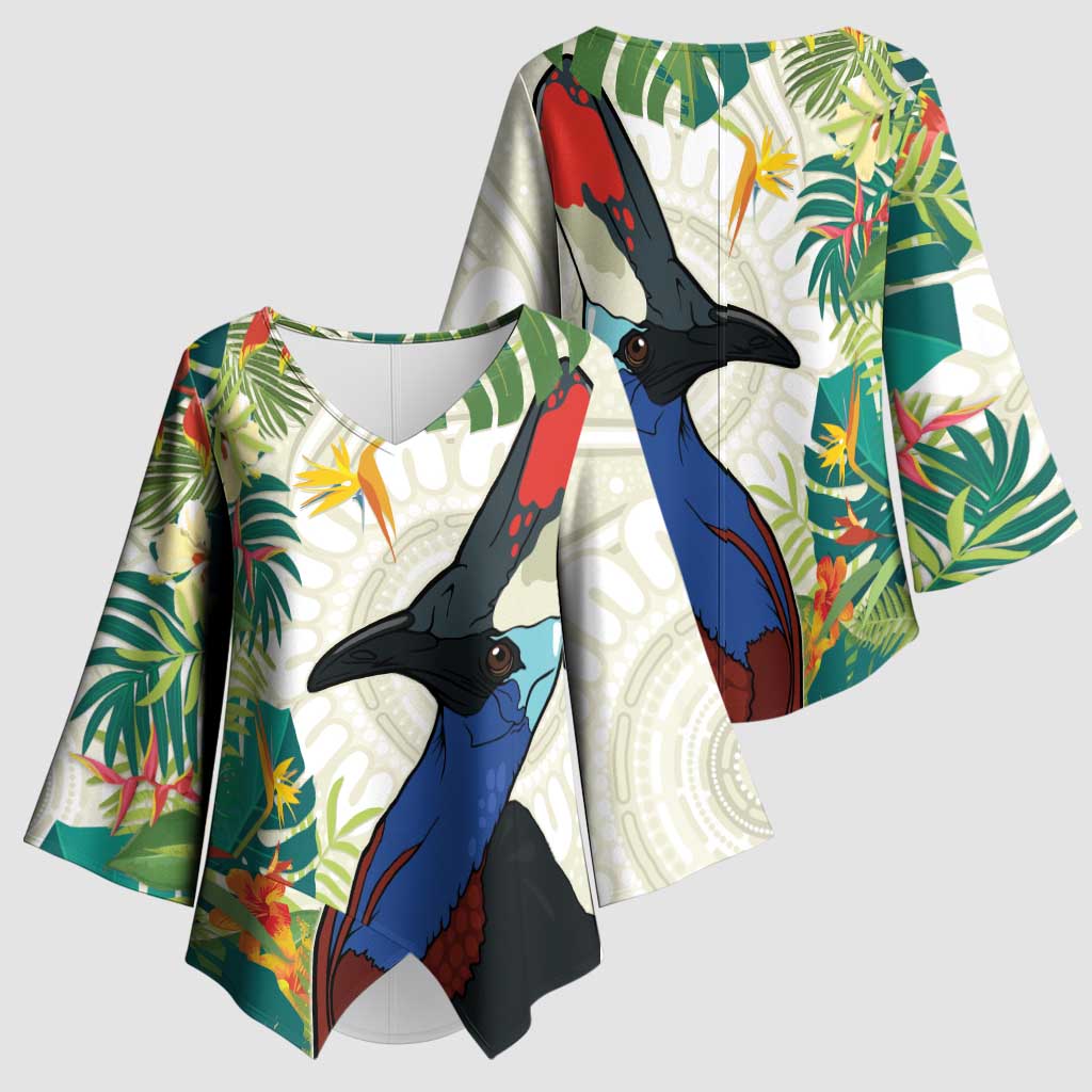 Cassowary Australia Kimono Sleeve Blouse Tropical Flowers Mix Aboriginal Art - Aussie Hoodie