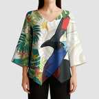 Cassowary Australia Kimono Sleeve Blouse Tropical Flowers Mix Aboriginal Art - Aussie Hoodie