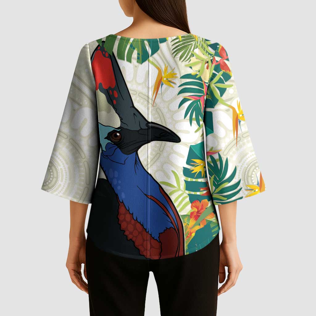 Cassowary Australia Kimono Sleeve Blouse Tropical Flowers Mix Aboriginal Art - Aussie Hoodie