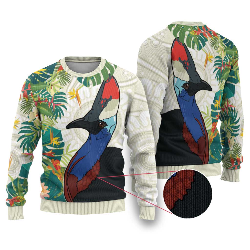 Cassowary Australia Ugly Christmas Sweater Tropical Flowers Mix Aboriginal Art - Aussie Hoodie
