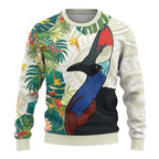 Cassowary Australia Ugly Christmas Sweater Tropical Flowers Mix Aboriginal Art - Aussie Hoodie