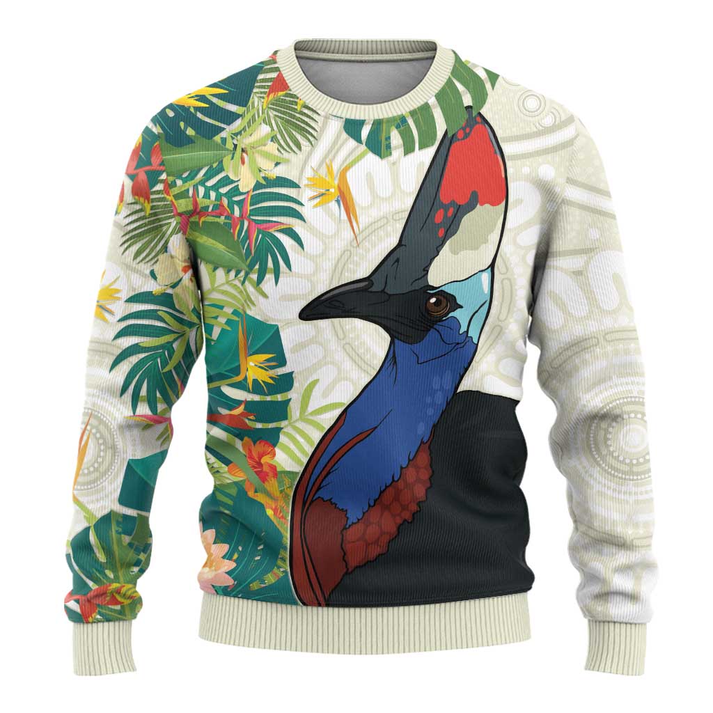 Cassowary Australia Ugly Christmas Sweater Tropical Flowers Mix Aboriginal Art - Aussie Hoodie