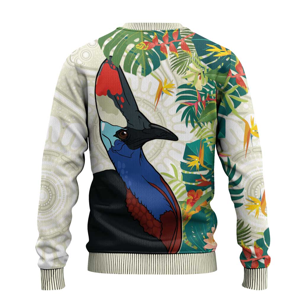 Cassowary Australia Ugly Christmas Sweater Tropical Flowers Mix Aboriginal Art - Aussie Hoodie