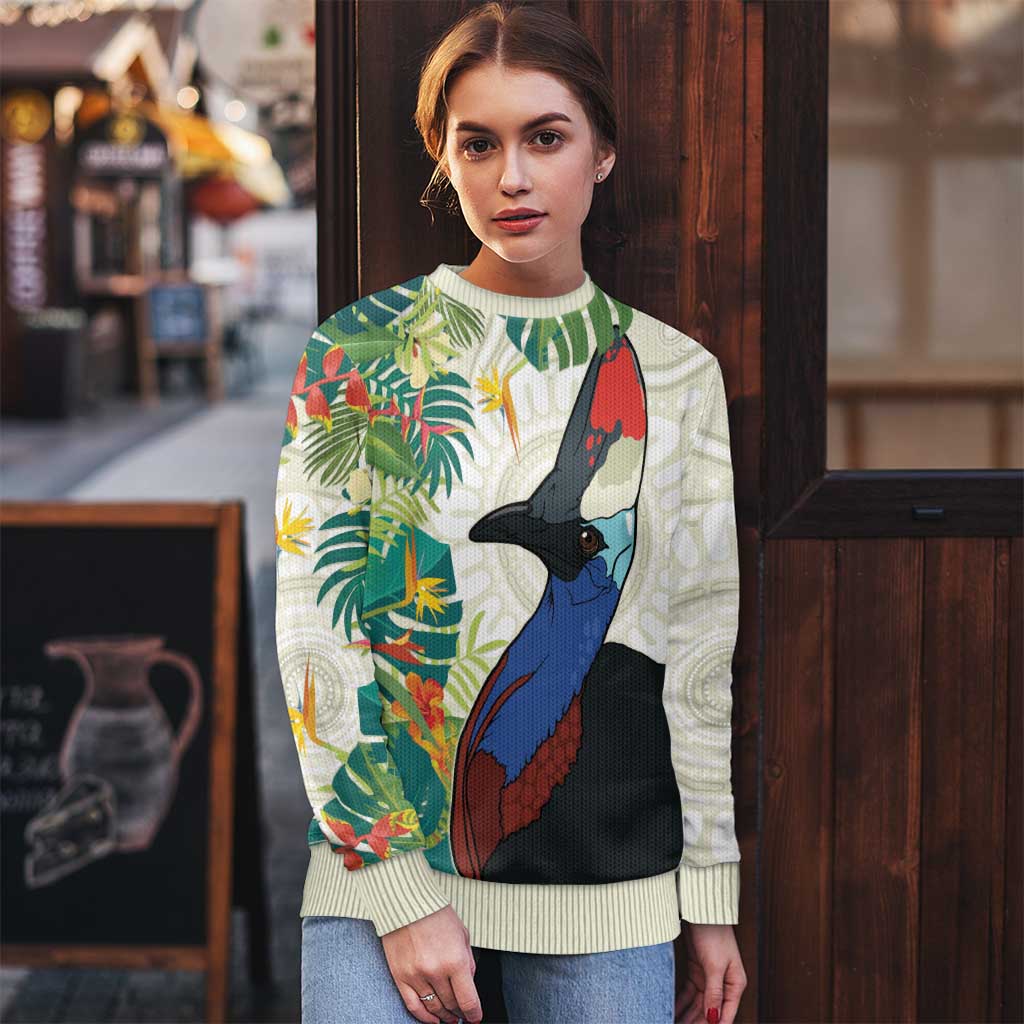 Cassowary Australia Ugly Christmas Sweater Tropical Flowers Mix Aboriginal Art - Aussie Hoodie