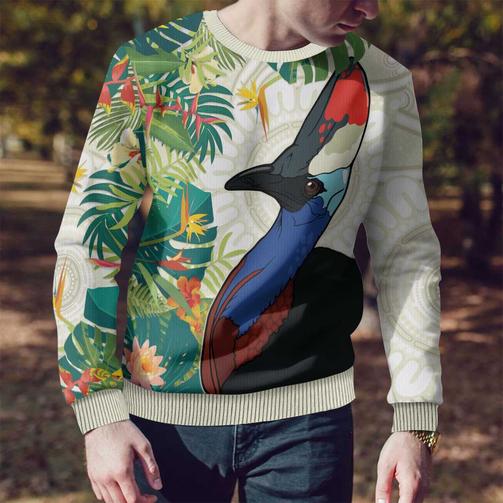 Cassowary Australia Ugly Christmas Sweater Tropical Flowers Mix Aboriginal Art - Aussie Hoodie
