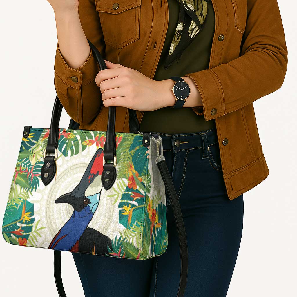 Cassowary Australia Leather Bag Tropical Flowers Mix Aboriginal Art - Aussie Hoodie