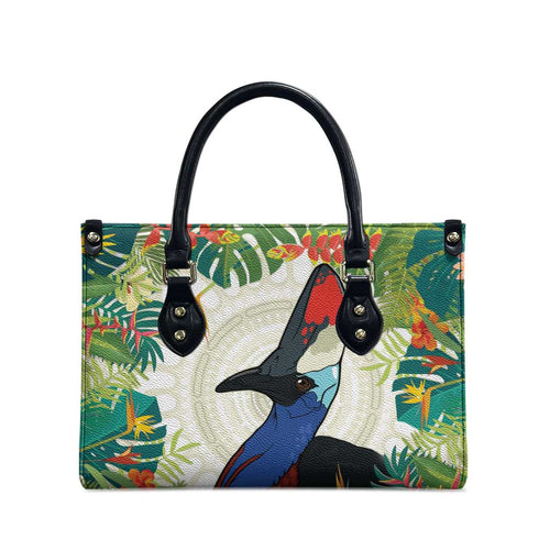 Cassowary Australia Leather Bag Tropical Flowers Mix Aboriginal Art - Aussie Hoodie