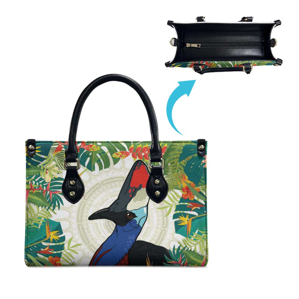 Cassowary Australia Leather Bag Tropical Flowers Mix Aboriginal Art - Aussie Hoodie