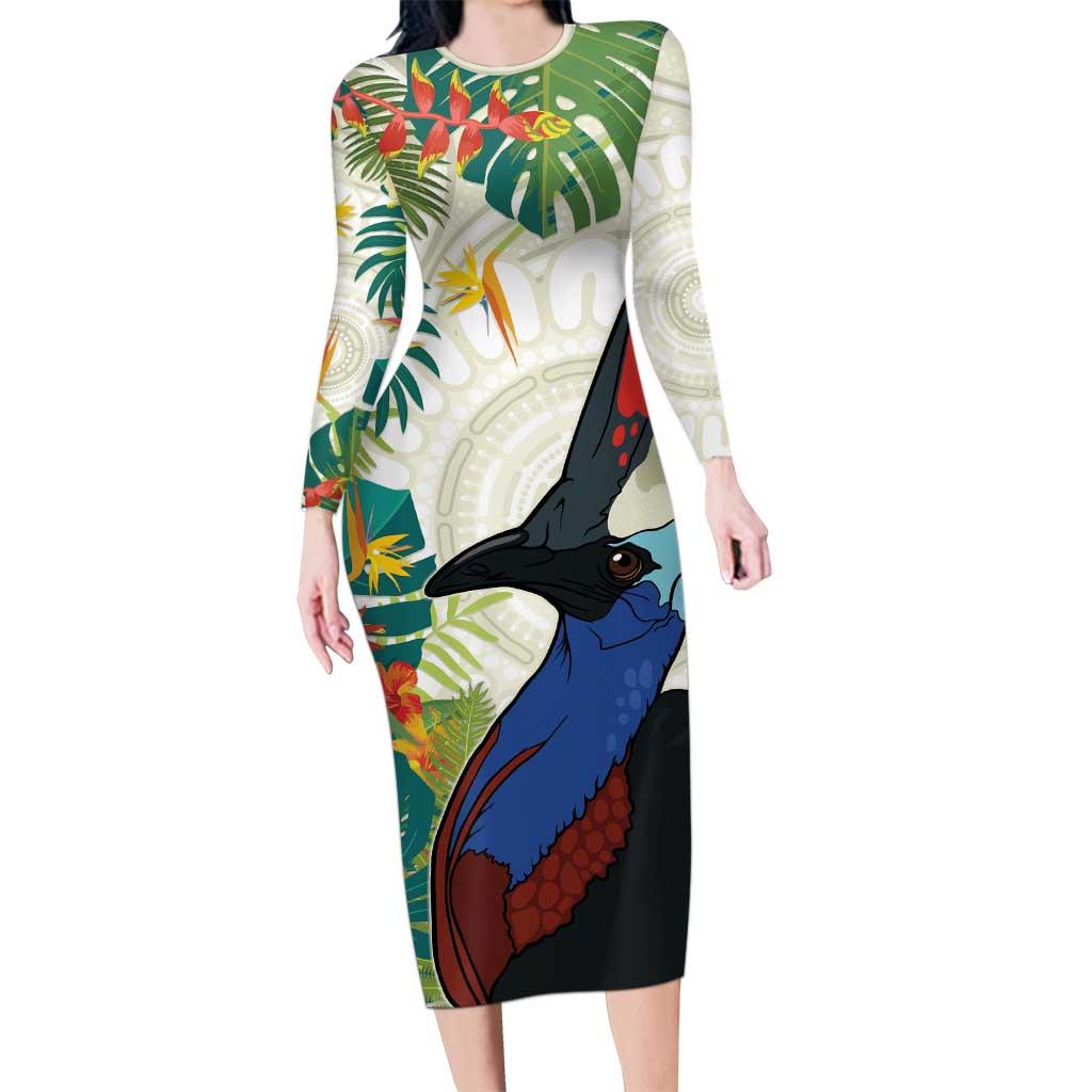 Cassowary Australia Long Sleeve Bodycon Dress Tropical Flowers Mix Aboriginal Art