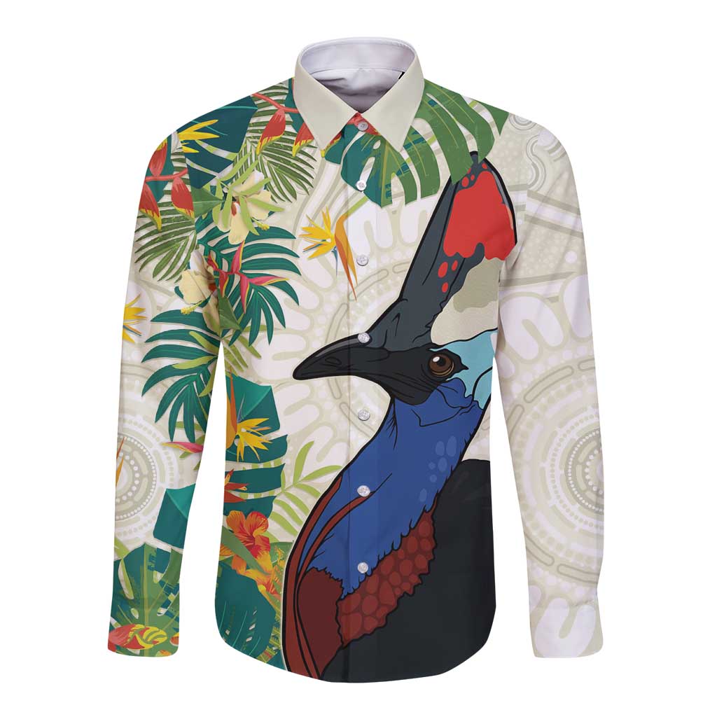 Cassowary Australia Long Sleeve Button Shirt Tropical Flowers Mix Aboriginal Art