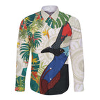 Cassowary Australia Long Sleeve Button Shirt Tropical Flowers Mix Aboriginal Art