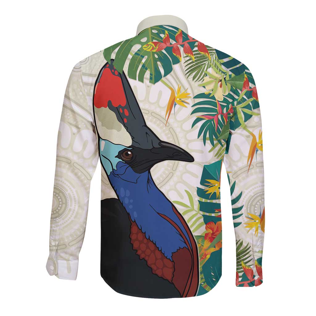 Cassowary Australia Long Sleeve Button Shirt Tropical Flowers Mix Aboriginal Art
