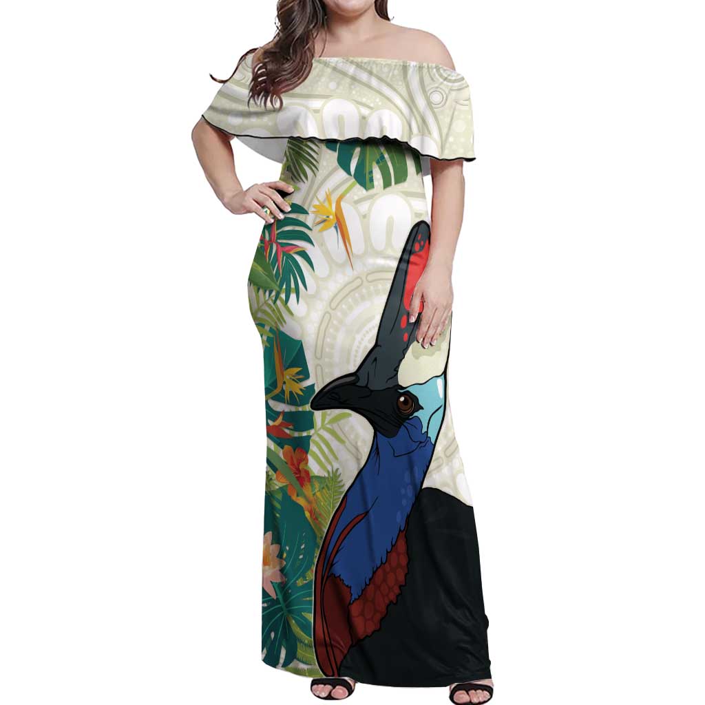 Cassowary Australia Off Shoulder Maxi Dress Tropical Flowers Mix Aboriginal Art