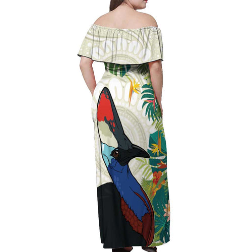 Cassowary Australia Off Shoulder Maxi Dress Tropical Flowers Mix Aboriginal Art