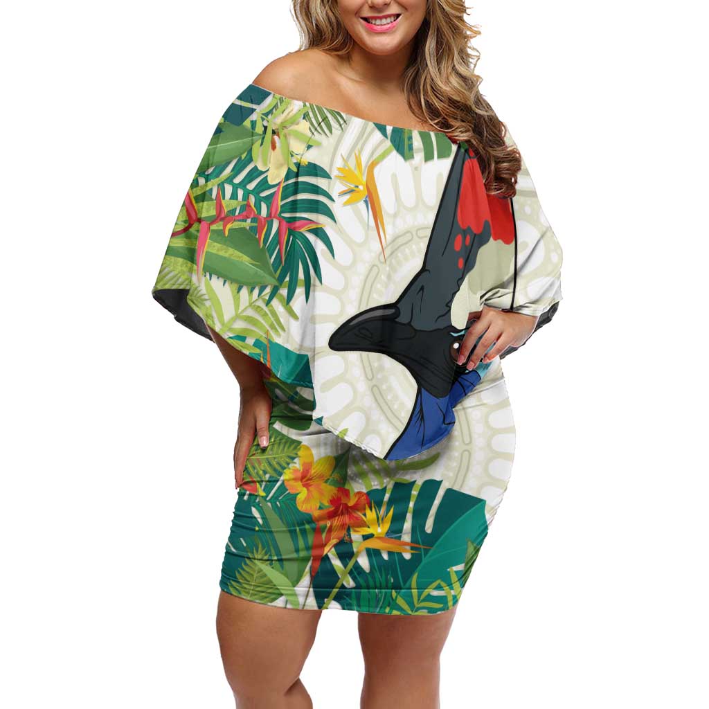 Cassowary Australia Off Shoulder Short Dress Tropical Flowers Mix Aboriginal Art