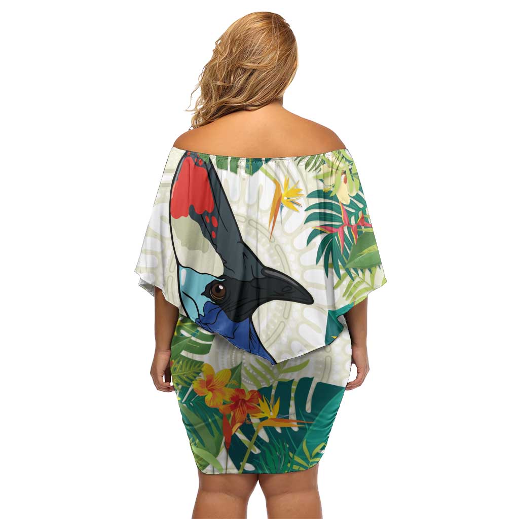 Cassowary Australia Off Shoulder Short Dress Tropical Flowers Mix Aboriginal Art