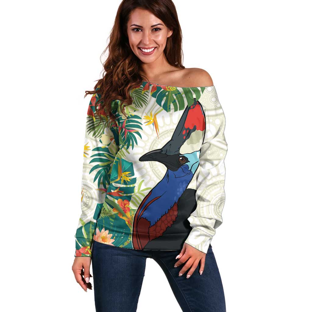 Cassowary Australia Off Shoulder Sweater Tropical Flowers Mix Aboriginal Art