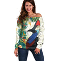 Cassowary Australia Off Shoulder Sweater Tropical Flowers Mix Aboriginal Art
