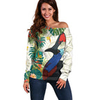 Cassowary Australia Off Shoulder Sweater Tropical Flowers Mix Aboriginal Art