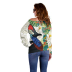 Cassowary Australia Off Shoulder Sweater Tropical Flowers Mix Aboriginal Art