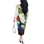 Cassowary Australia Off The Shoulder Long Sleeve Dress Tropical Flowers Mix Aboriginal Art