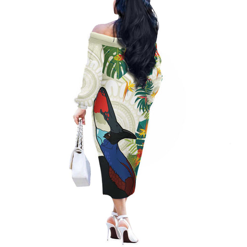 Cassowary Australia Off The Shoulder Long Sleeve Dress Tropical Flowers Mix Aboriginal Art