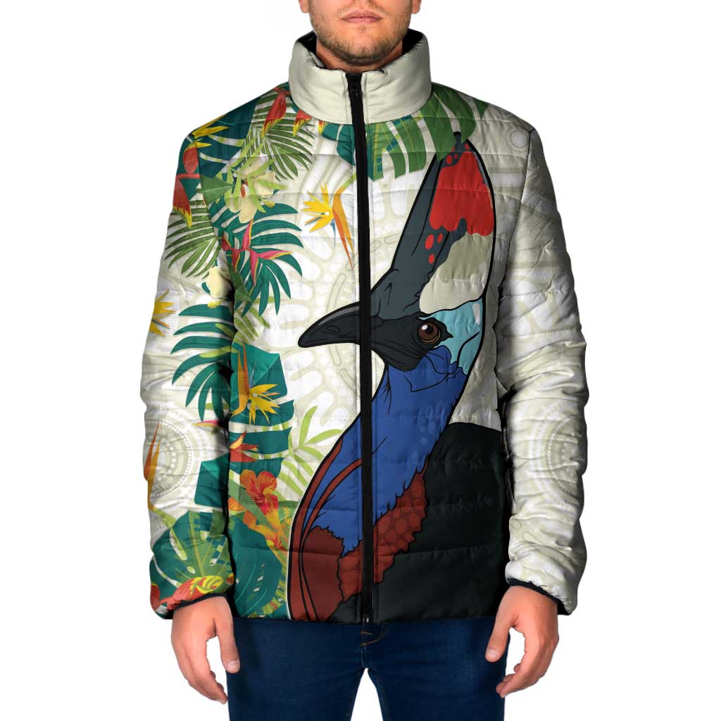 Cassowary Australia Padded Jacket Tropical Flowers Mix Aboriginal Art - Aussie Hoodie
