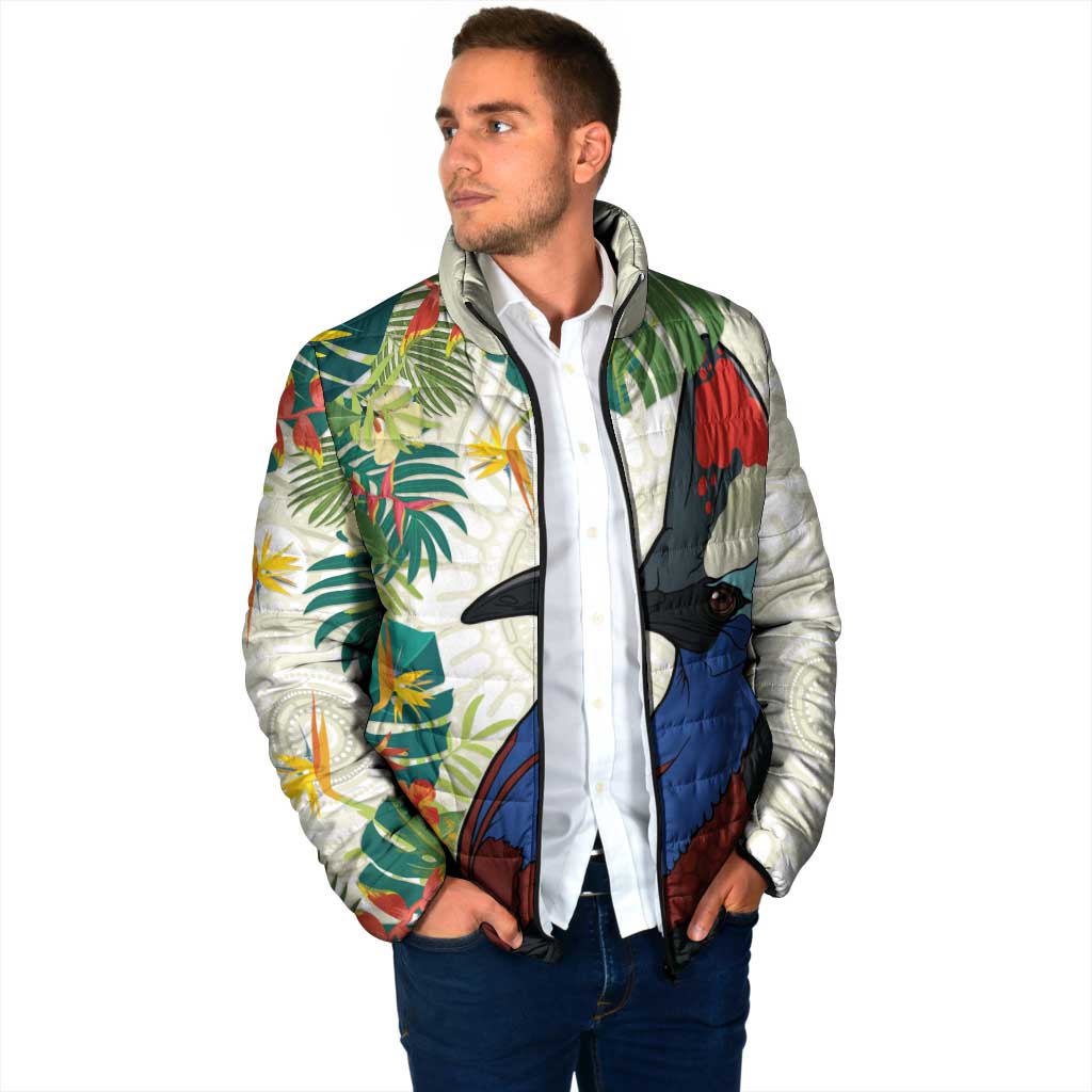 Cassowary Australia Padded Jacket Tropical Flowers Mix Aboriginal Art - Aussie Hoodie