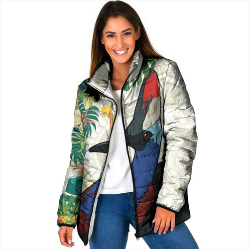 Cassowary Australia Padded Jacket Tropical Flowers Mix Aboriginal Art - Aussie Hoodie