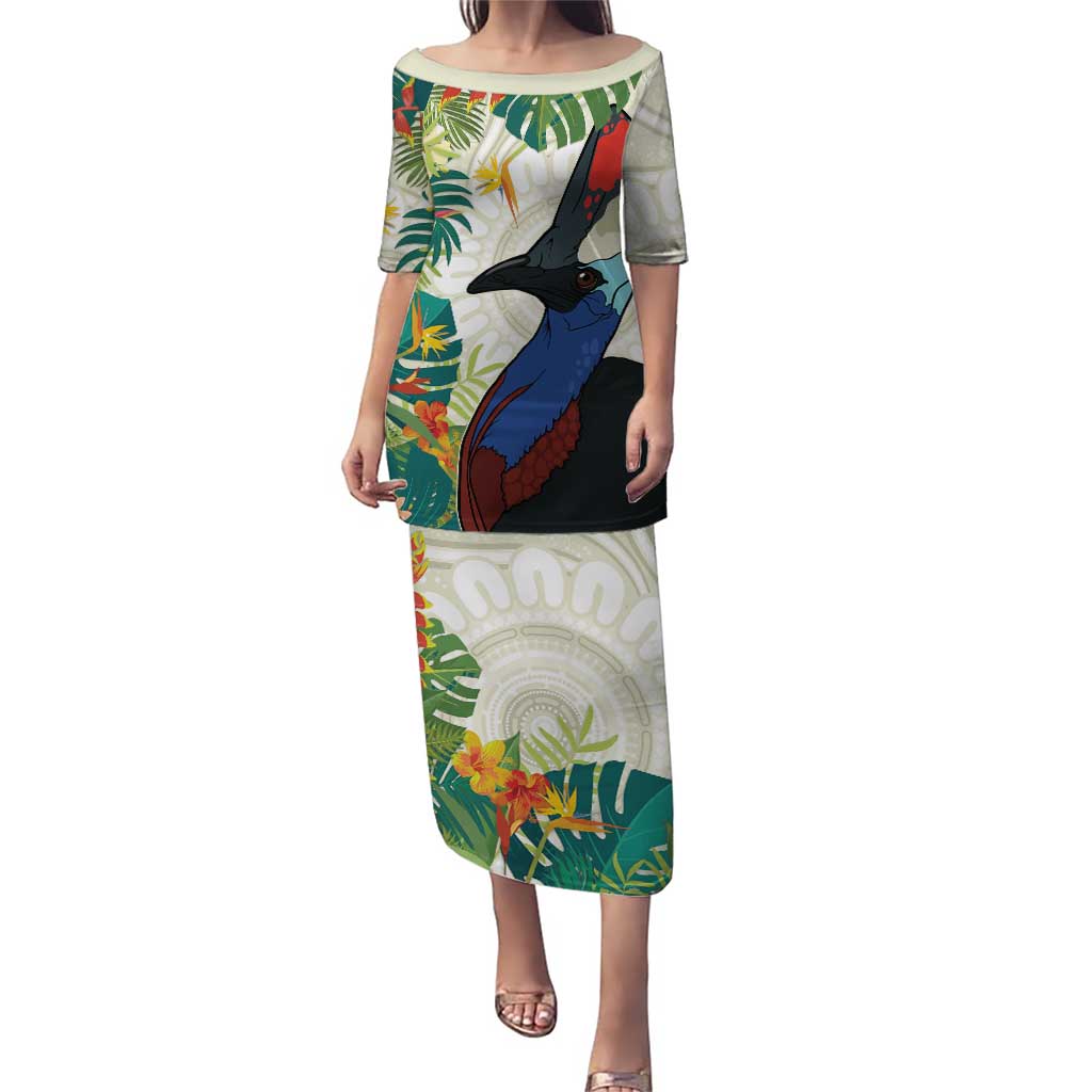 Cassowary Australia Puletasi Tropical Flowers Mix Aboriginal Art