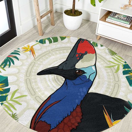Cassowary Australia Round Carpet Tropical Flowers Mix Aboriginal Art
