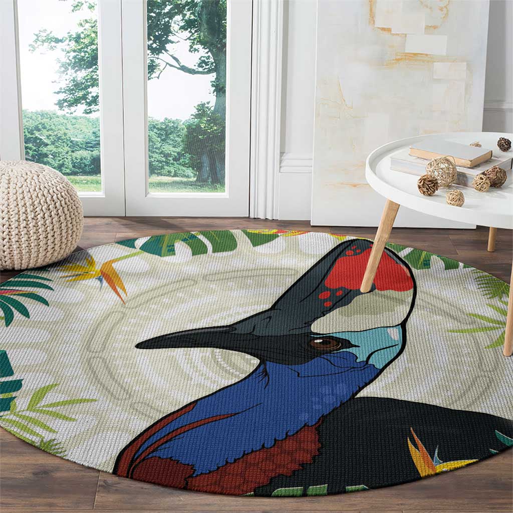 Cassowary Australia Round Carpet Tropical Flowers Mix Aboriginal Art