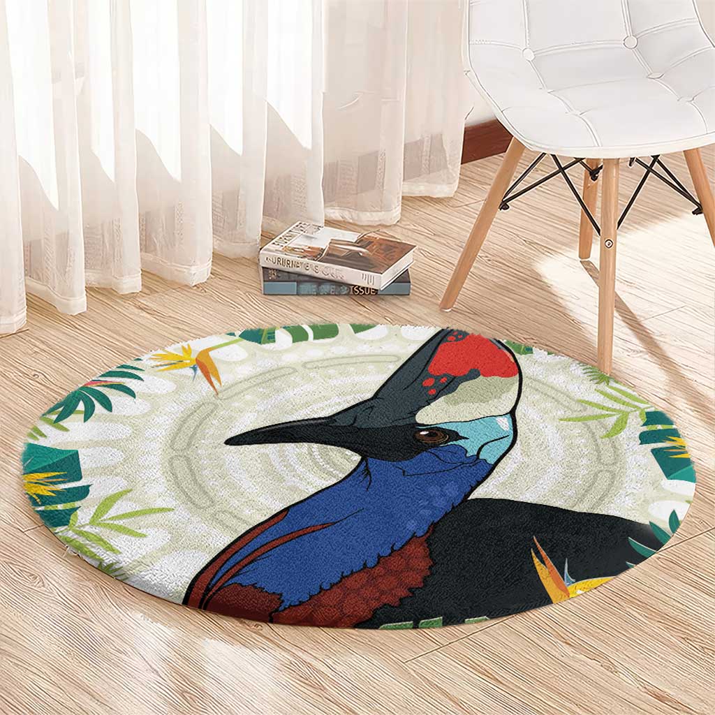 Cassowary Australia Round Carpet Tropical Flowers Mix Aboriginal Art