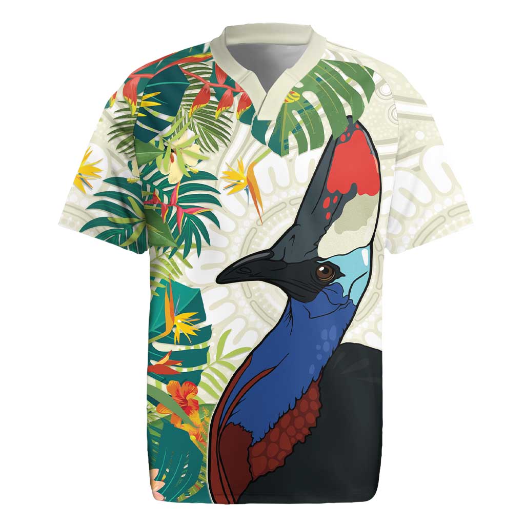 Cassowary Australia Rugby Jersey Tropical Flowers Mix Aboriginal Art