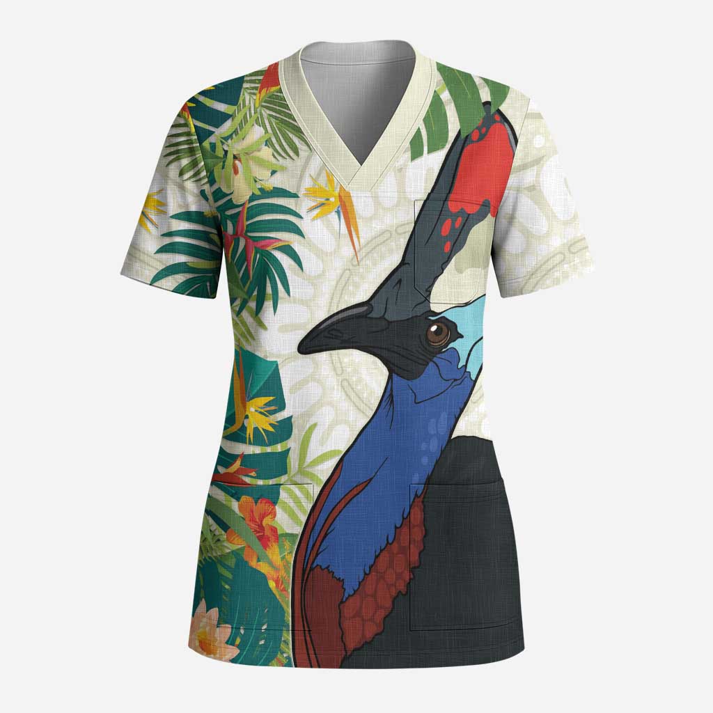 Cassowary Australia Scrub Top Tropical Flowers Mix Aboriginal Art - Aussie Hoodie