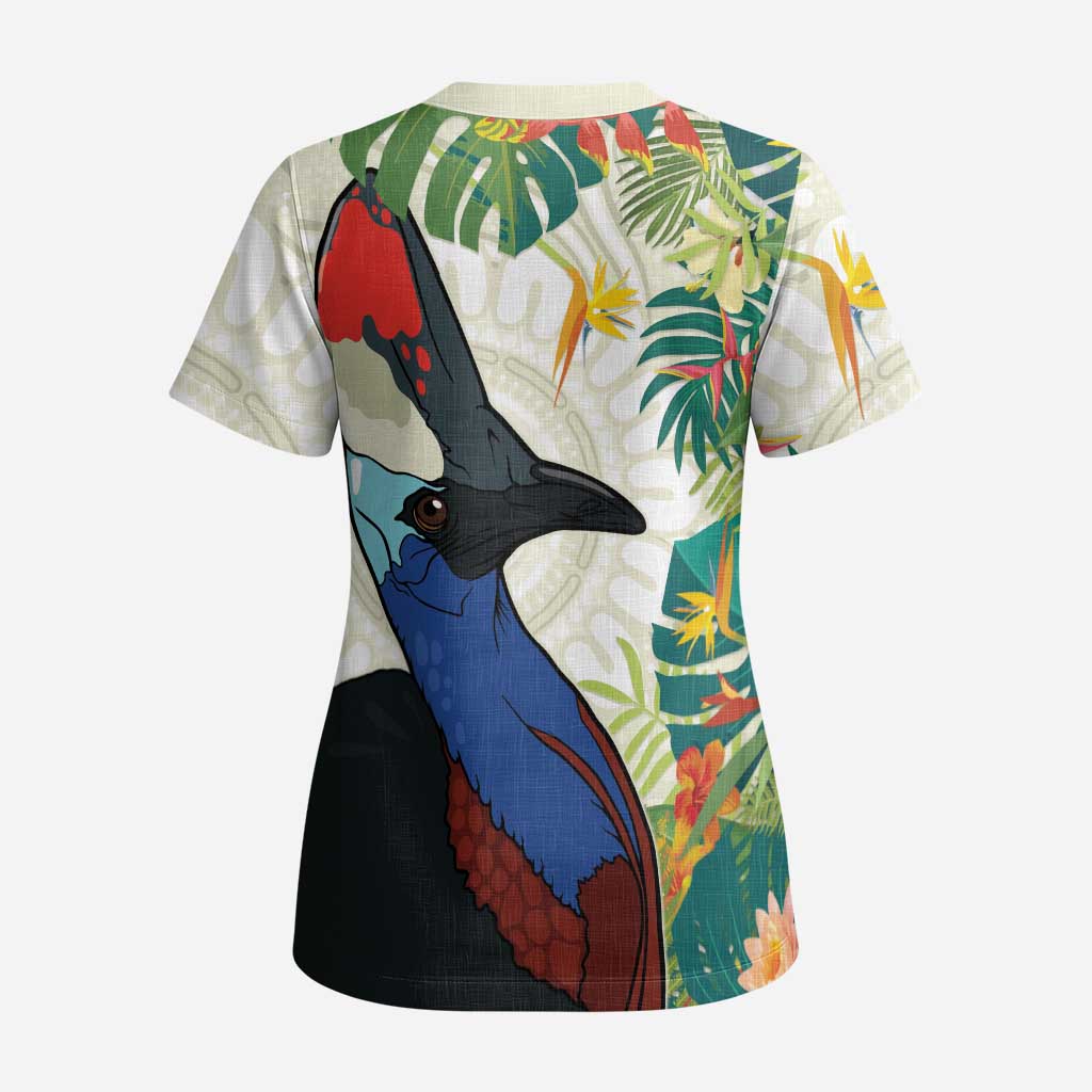 Cassowary Australia Scrub Top Tropical Flowers Mix Aboriginal Art - Aussie Hoodie