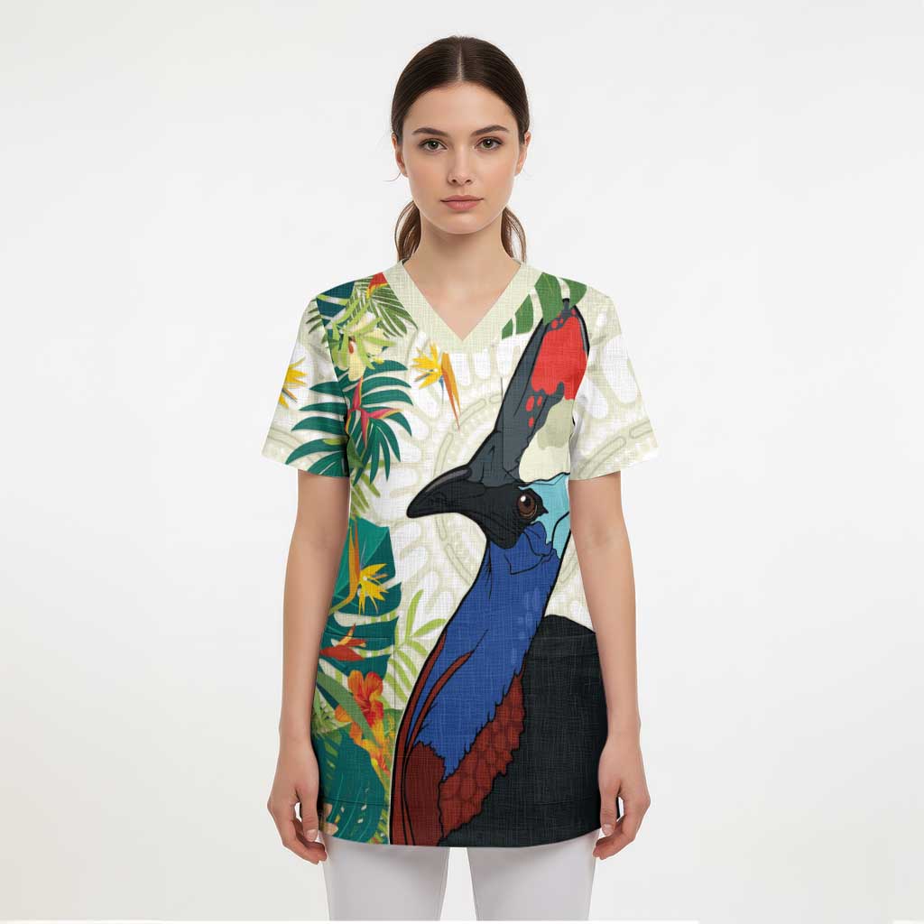 Cassowary Australia Scrub Top Tropical Flowers Mix Aboriginal Art - Aussie Hoodie