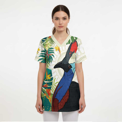 Cassowary Australia Scrub Top Tropical Flowers Mix Aboriginal Art - Aussie Hoodie