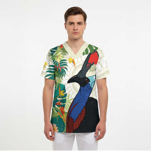 Cassowary Australia Scrub Top Tropical Flowers Mix Aboriginal Art - Aussie Hoodie