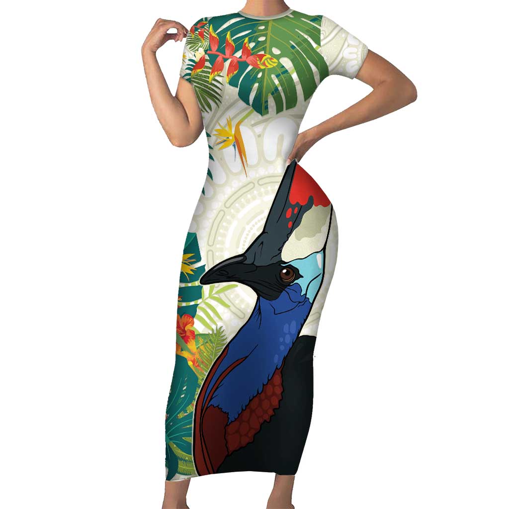 Cassowary Australia Short Sleeve Bodycon Dress Tropical Flowers Mix Aboriginal Art