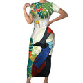 Cassowary Australia Short Sleeve Bodycon Dress Tropical Flowers Mix Aboriginal Art