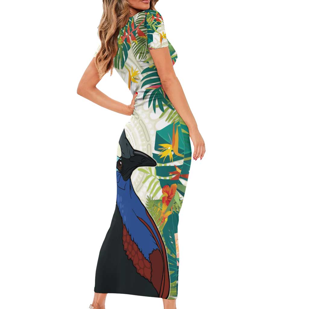 Cassowary Australia Short Sleeve Bodycon Dress Tropical Flowers Mix Aboriginal Art