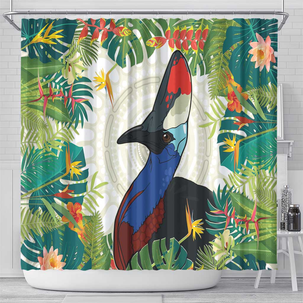 Cassowary Australia Shower Curtain Tropical Flowers Mix Aboriginal Art