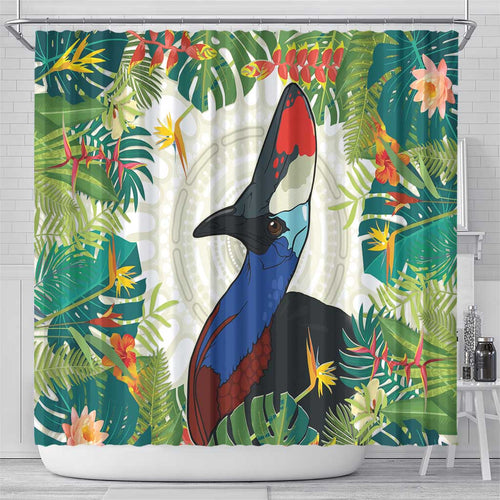 Cassowary Australia Shower Curtain Tropical Flowers Mix Aboriginal Art
