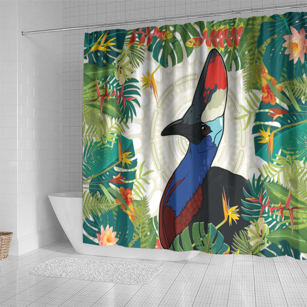 Cassowary Australia Shower Curtain Tropical Flowers Mix Aboriginal Art