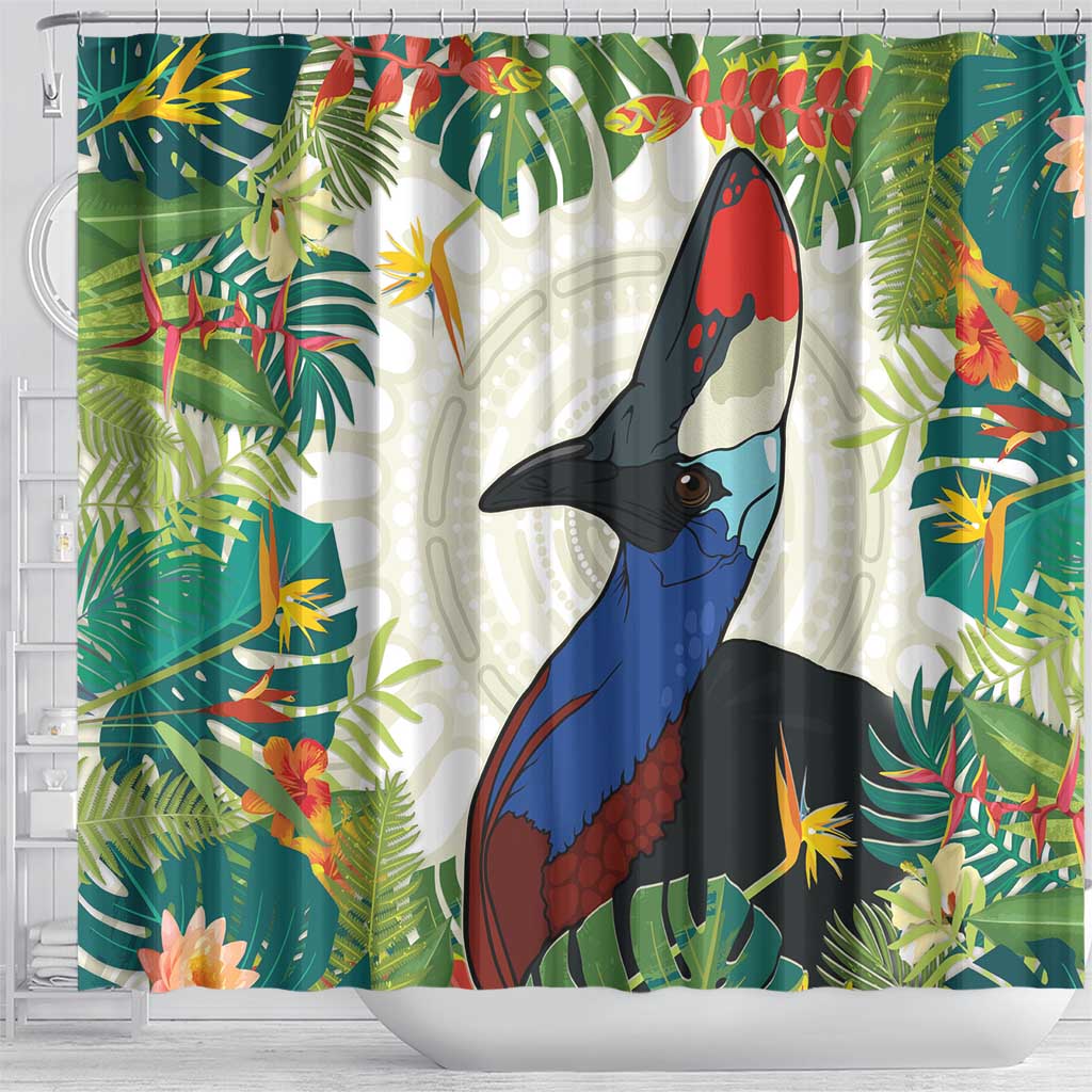 Cassowary Australia Shower Curtain Tropical Flowers Mix Aboriginal Art