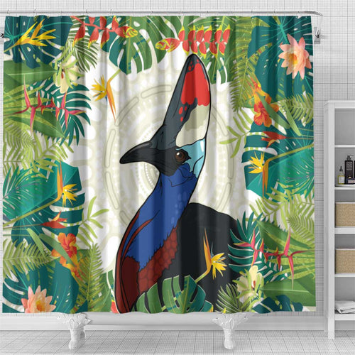 Cassowary Australia Shower Curtain Tropical Flowers Mix Aboriginal Art