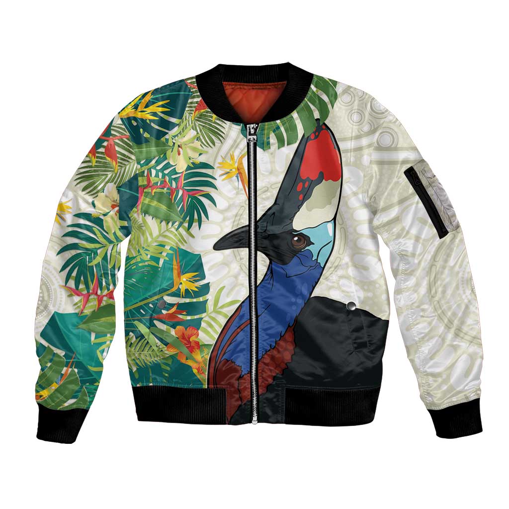 Cassowary Australia Sleeve Zip Bomber Jacket Tropical Flowers Mix Aboriginal Art